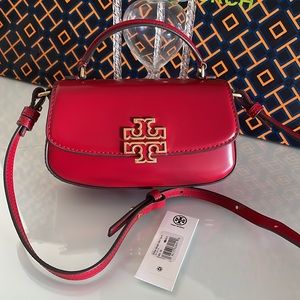 New, tory burch britten smooth mini top handle red crossbody $350